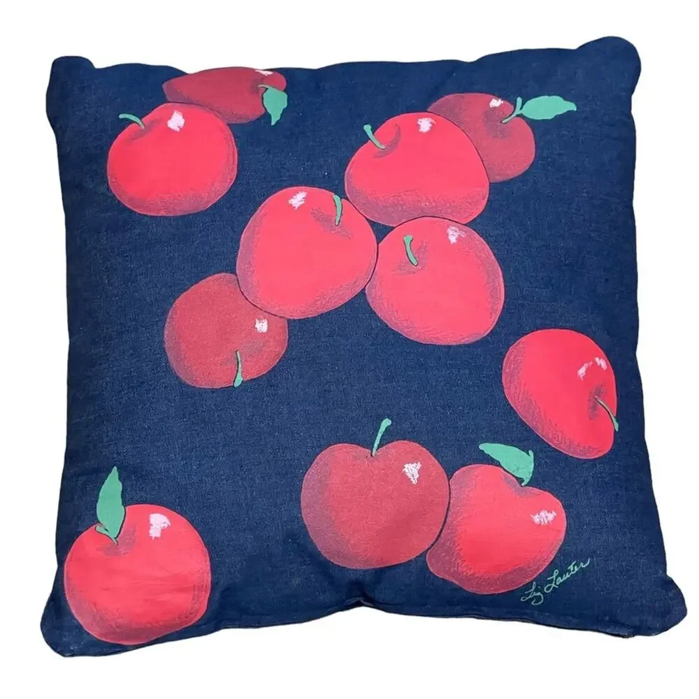 Decorative Handpainted Square Denim Blue Red Apple Pillow by Artist Liz Lauter